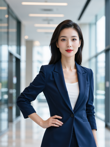 三十岁左右专业女性肖像，穿深色西装外套，白色衬衫，背景简洁办公室环境，自然光线